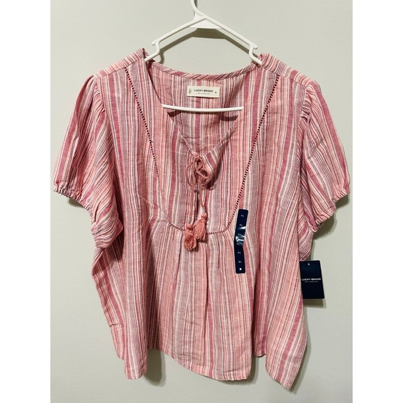 Lucky Brand Womens Stripe Split Neck Cotton & Linen Blouse - Picture 3 of 4